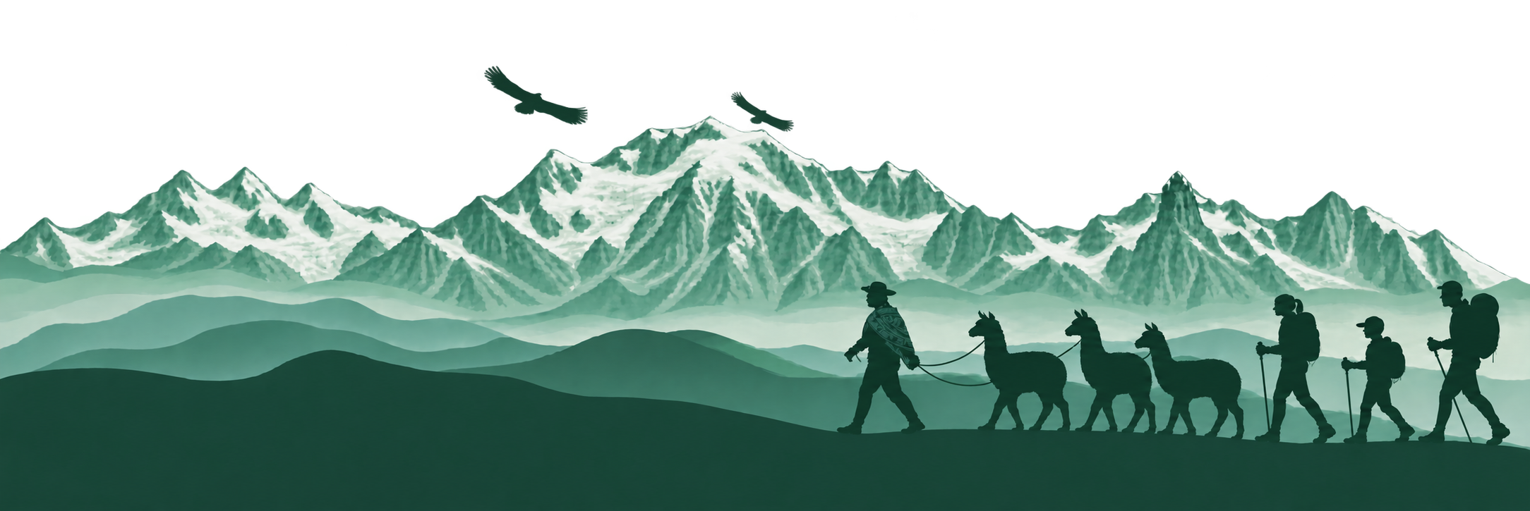 Ilustración de montañas andinas con caminantes y llamas